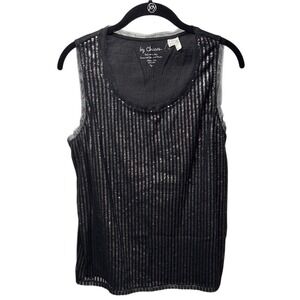 Chicos Black Sequin Striped Sleeveless Tank Top Mesh Trim‎ Size 1 Medium RN79984